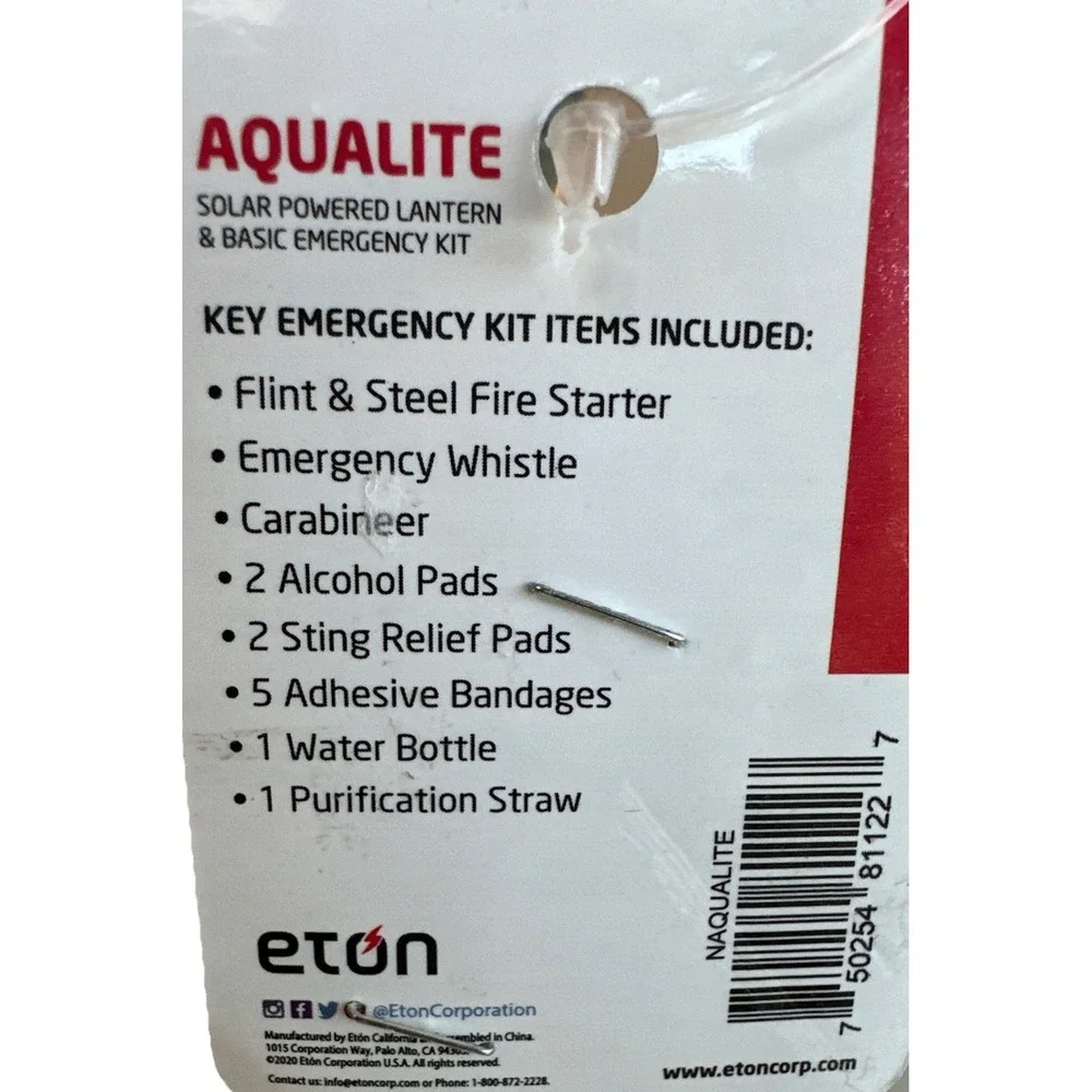 Eton Solar Powered Lantern Purification Straw Flint Whistle Basic Emergency‎ Kit